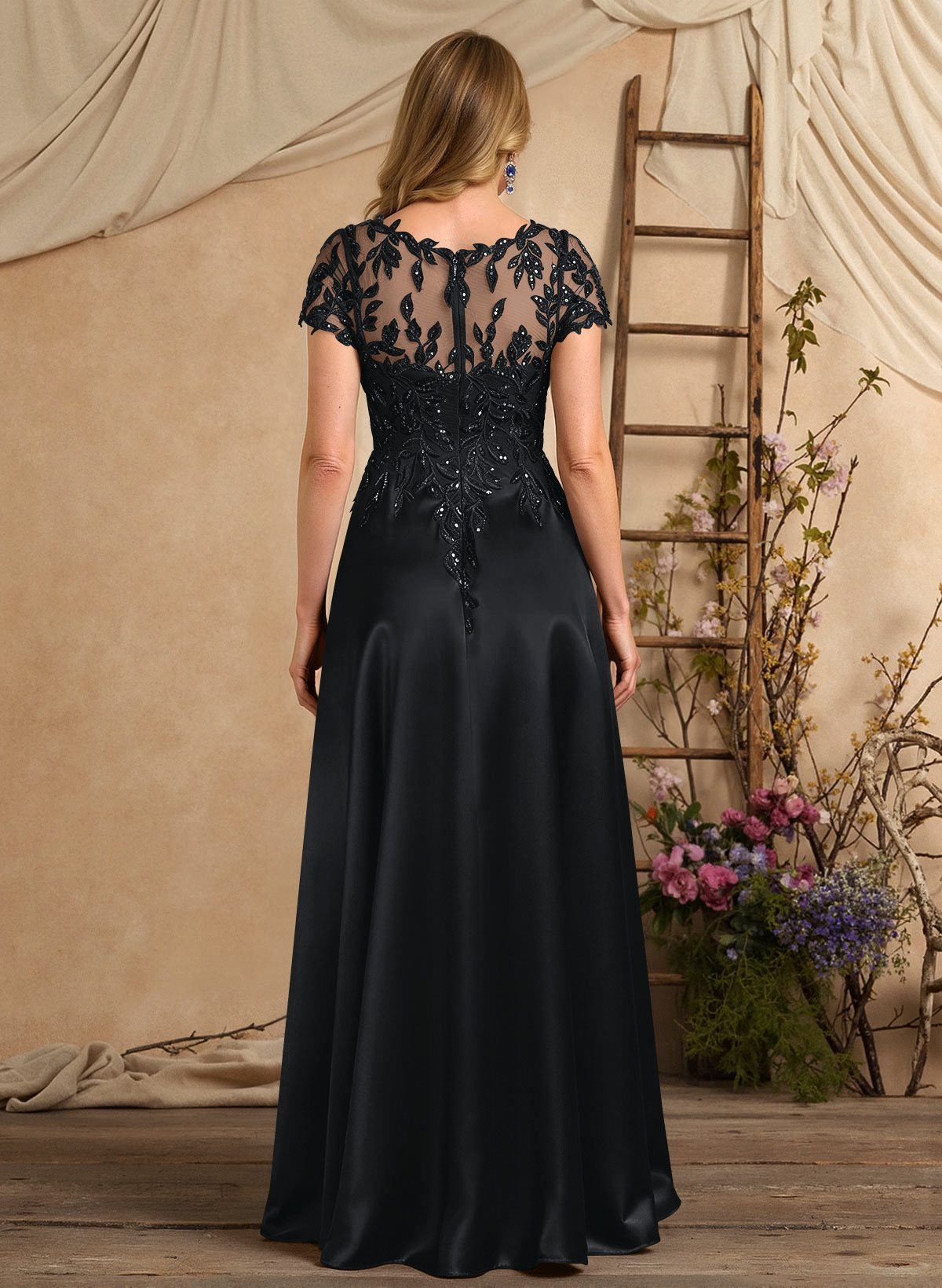 A-Line Illusion Neck Short Sleeves Floor-Length Lace Satin Sequined Mother Of The Bride Dresses