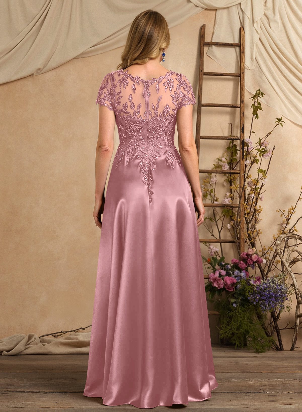 A-Line Illusion Neck Short Sleeves Floor-Length Lace Satin Sequined Mother Of The Bride Dresses