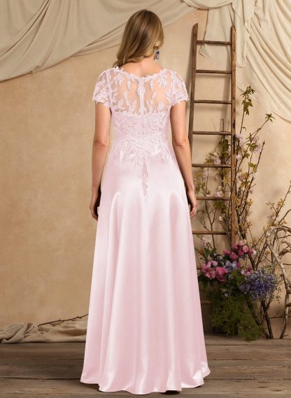 A-Line Illusion Neck Short Sleeves Floor-Length Lace Satin Sequined Mother Of The Bride Dresses