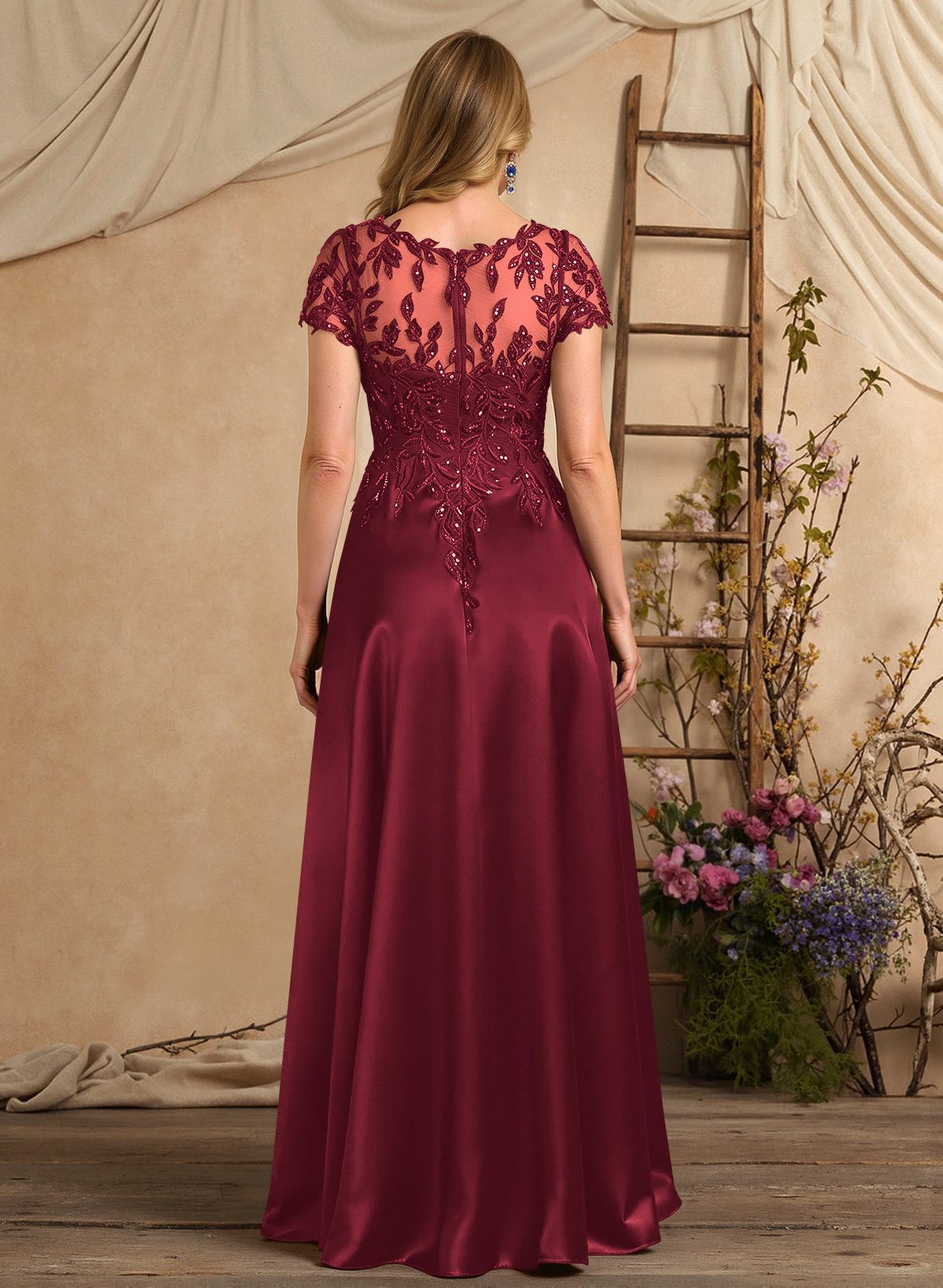 A-Line Illusion Neck Short Sleeves Floor-Length Lace Satin Sequined Mother Of The Bride Dresses