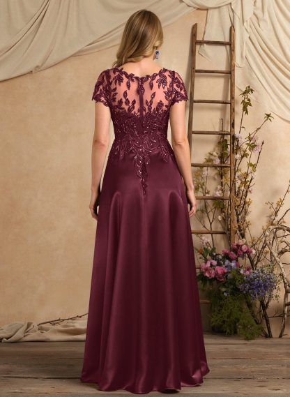 A-Line Illusion Neck Short Sleeves Floor-Length Lace Satin Sequined Mother Of The Bride Dresses