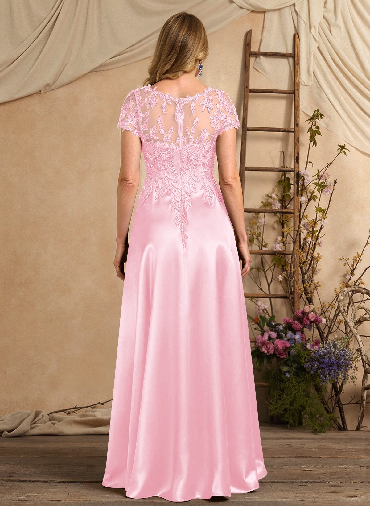 A-Line Illusion Neck Short Sleeves Floor-Length Lace Satin Sequined Mother Of The Bride Dresses