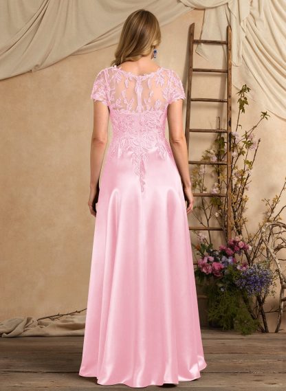 A-Line Illusion Neck Short Sleeves Floor-Length Lace Satin Sequined Mother Of The Bride Dresses