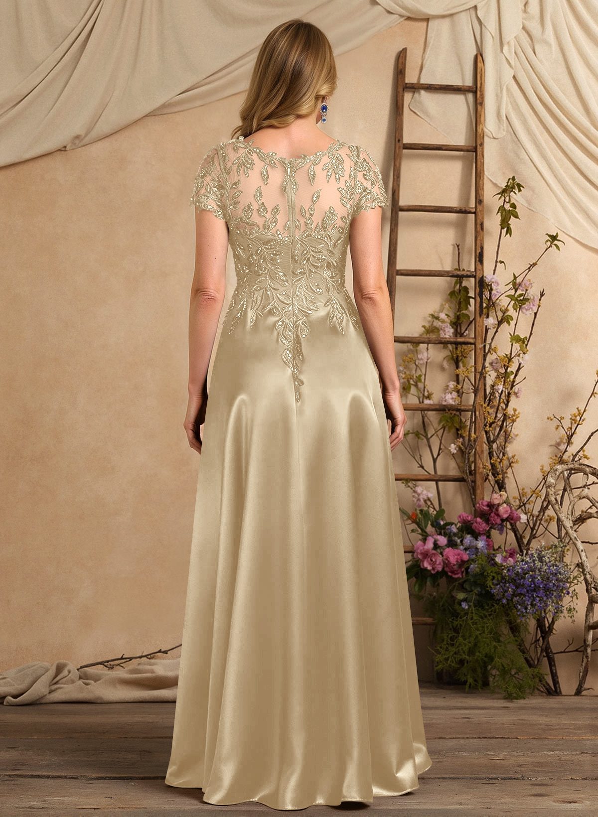 A-Line Illusion Neck Short Sleeves Floor-Length Lace Satin Sequined Mother Of The Bride Dresses