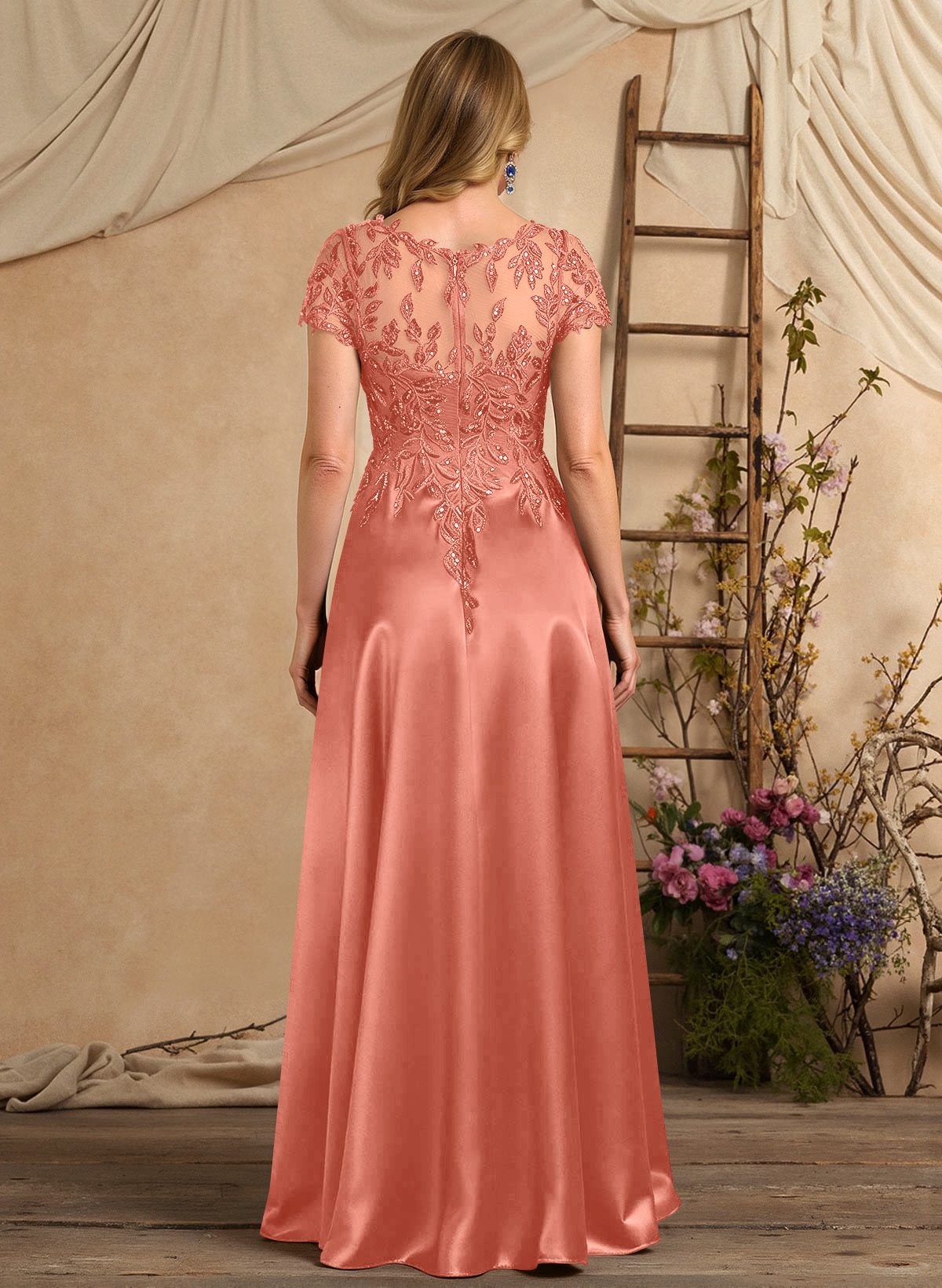 A-Line Illusion Neck Short Sleeves Floor-Length Lace Satin Sequined Mother Of The Bride Dresses
