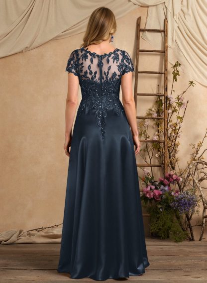 A-Line Illusion Neck Short Sleeves Floor-Length Lace Satin Sequined Mother Of The Bride Dresses