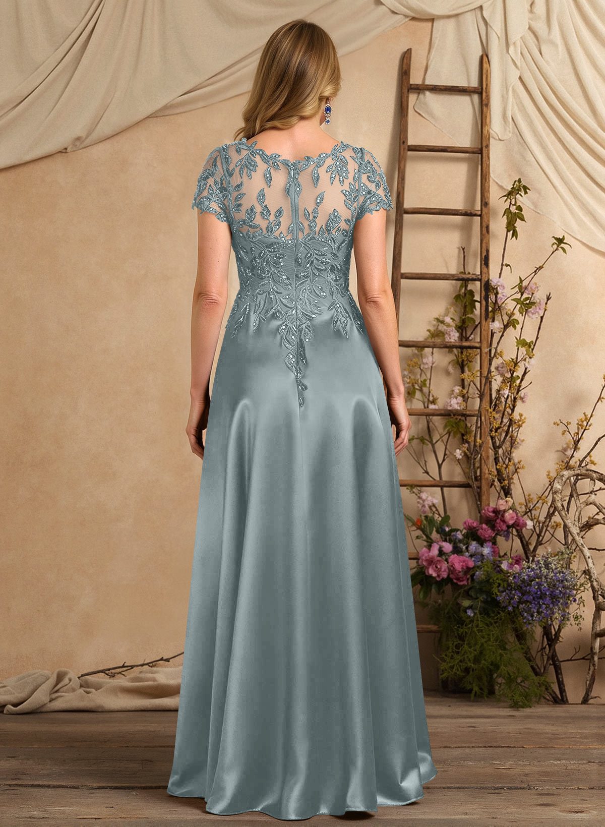 A-Line Illusion Neck Short Sleeves Floor-Length Lace Satin Sequined Mother Of The Bride Dresses