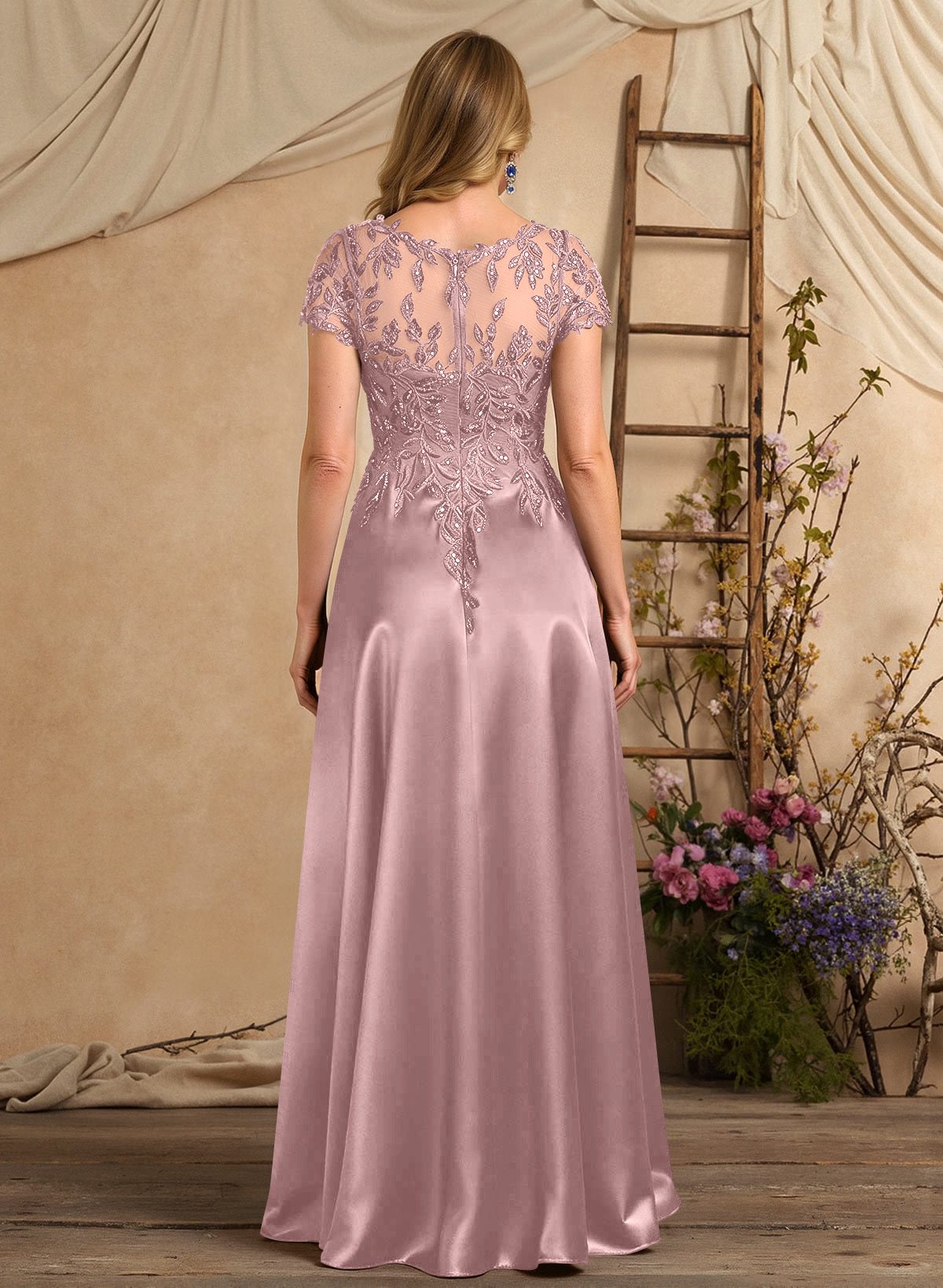 A-Line Illusion Neck Short Sleeves Floor-Length Lace Satin Sequined Mother Of The Bride Dresses