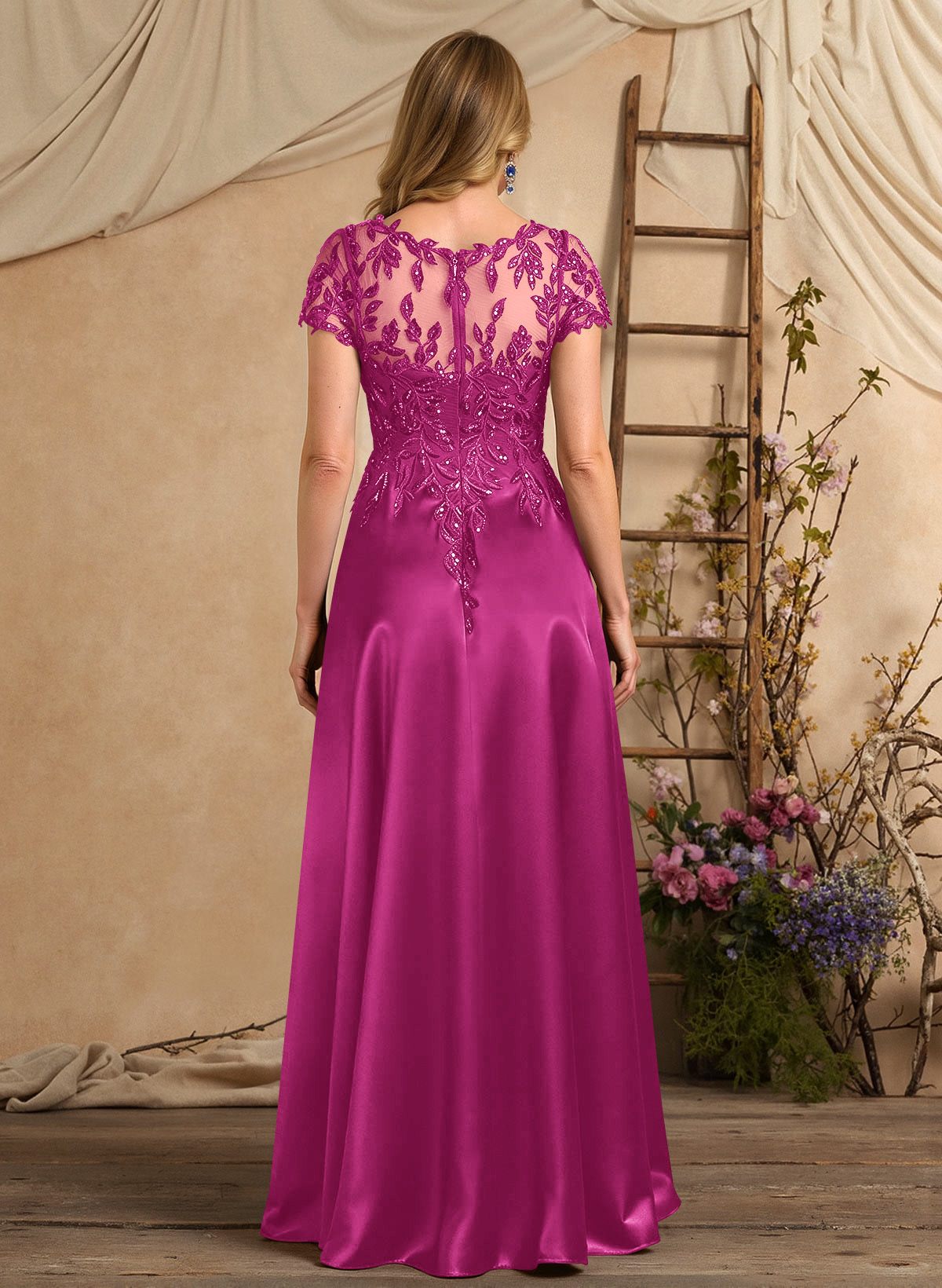 A-Line Illusion Neck Short Sleeves Floor-Length Lace Satin Sequined Mother Of The Bride Dresses