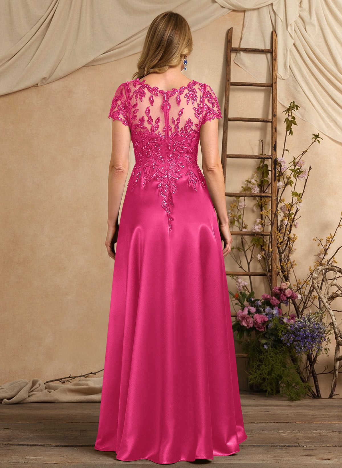 A-Line Illusion Neck Short Sleeves Floor-Length Lace Satin Sequined Mother Of The Bride Dresses