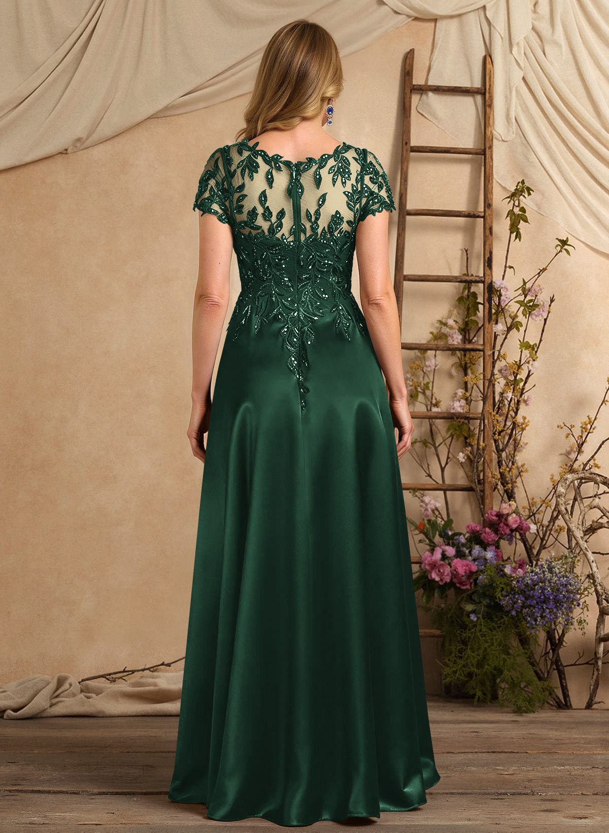 A-Line Illusion Neck Short Sleeves Floor-Length Lace Satin Sequined Mother Of The Bride Dresses