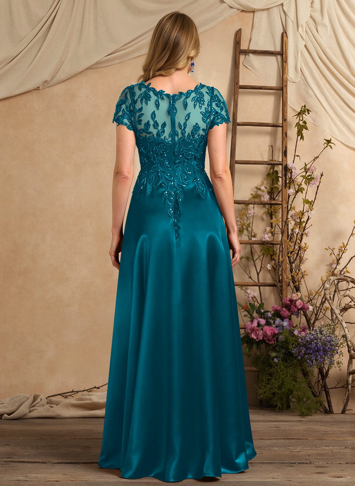 A-Line Illusion Neck Short Sleeves Floor-Length Lace Satin Sequined Mother Of The Bride Dresses
