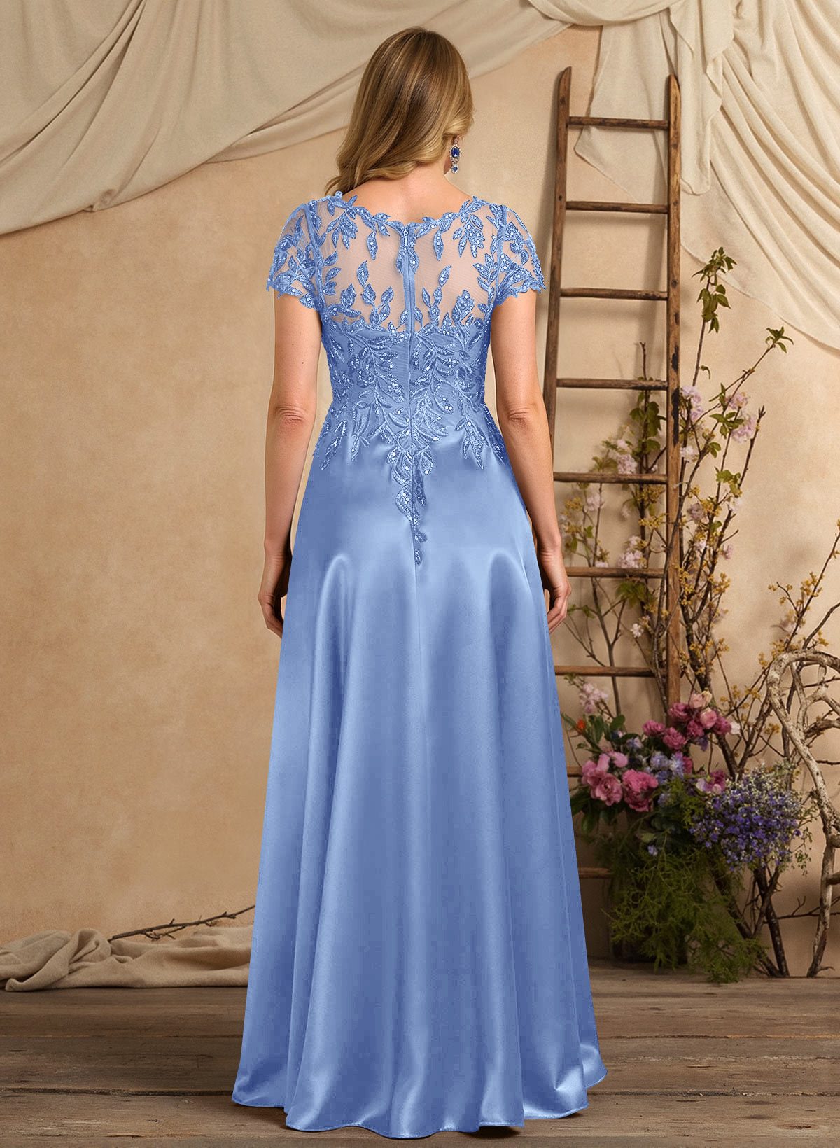 A-Line Illusion Neck Short Sleeves Floor-Length Lace Satin Sequined Mother Of The Bride Dresses