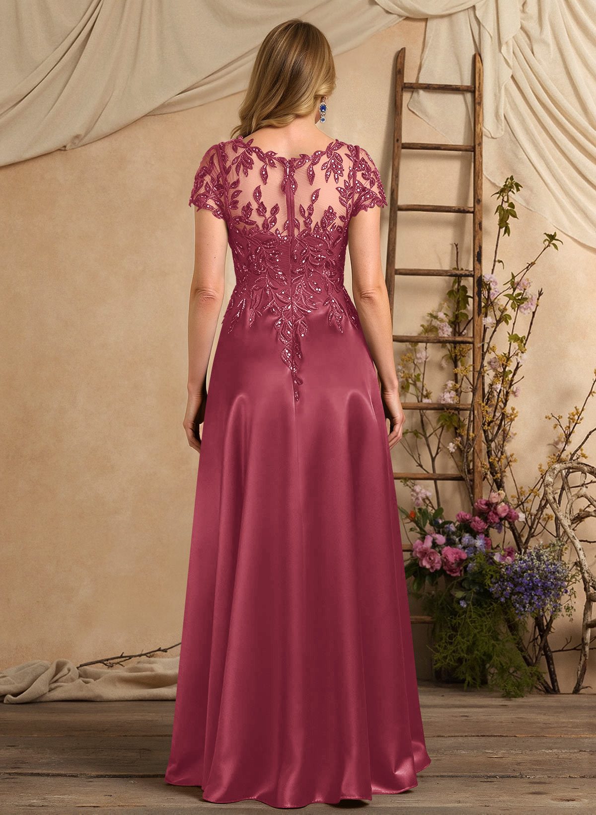 A-Line Illusion Neck Short Sleeves Floor-Length Lace Satin Sequined Mother Of The Bride Dresses