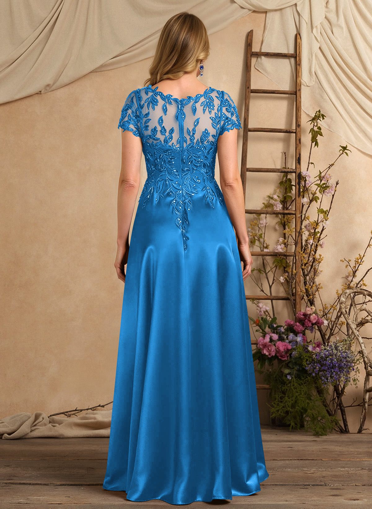 A-Line Illusion Neck Short Sleeves Floor-Length Lace Satin Sequined Mother Of The Bride Dresses
