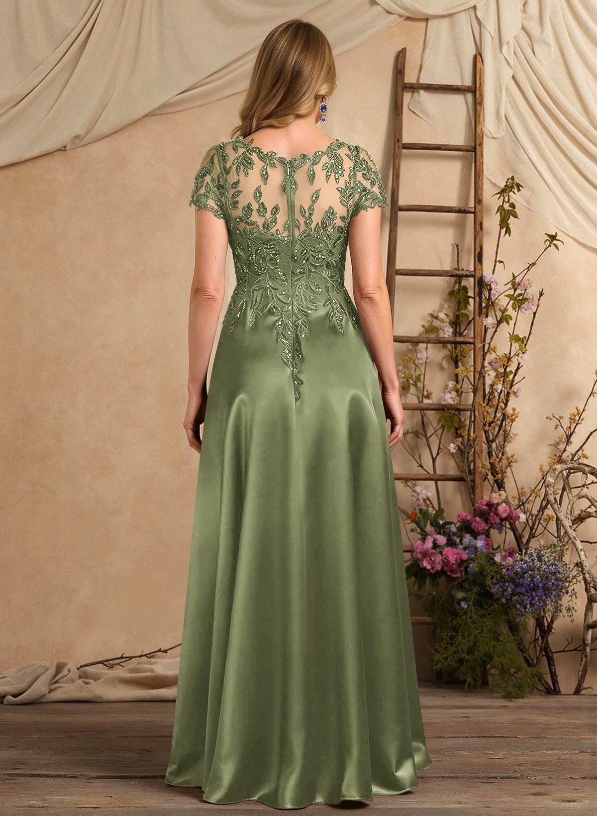 A-Line Illusion Neck Short Sleeves Floor-Length Lace Satin Sequined Mother Of The Bride Dresses