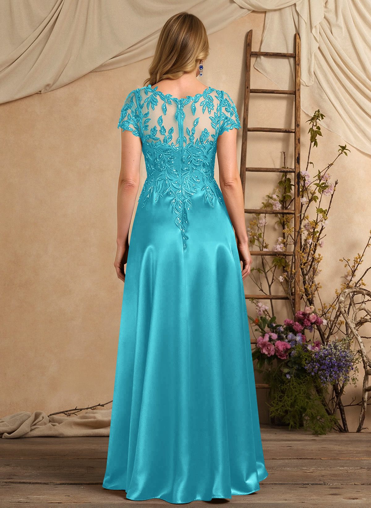 A-Line Illusion Neck Short Sleeves Floor-Length Lace Satin Sequined Mother Of The Bride Dresses