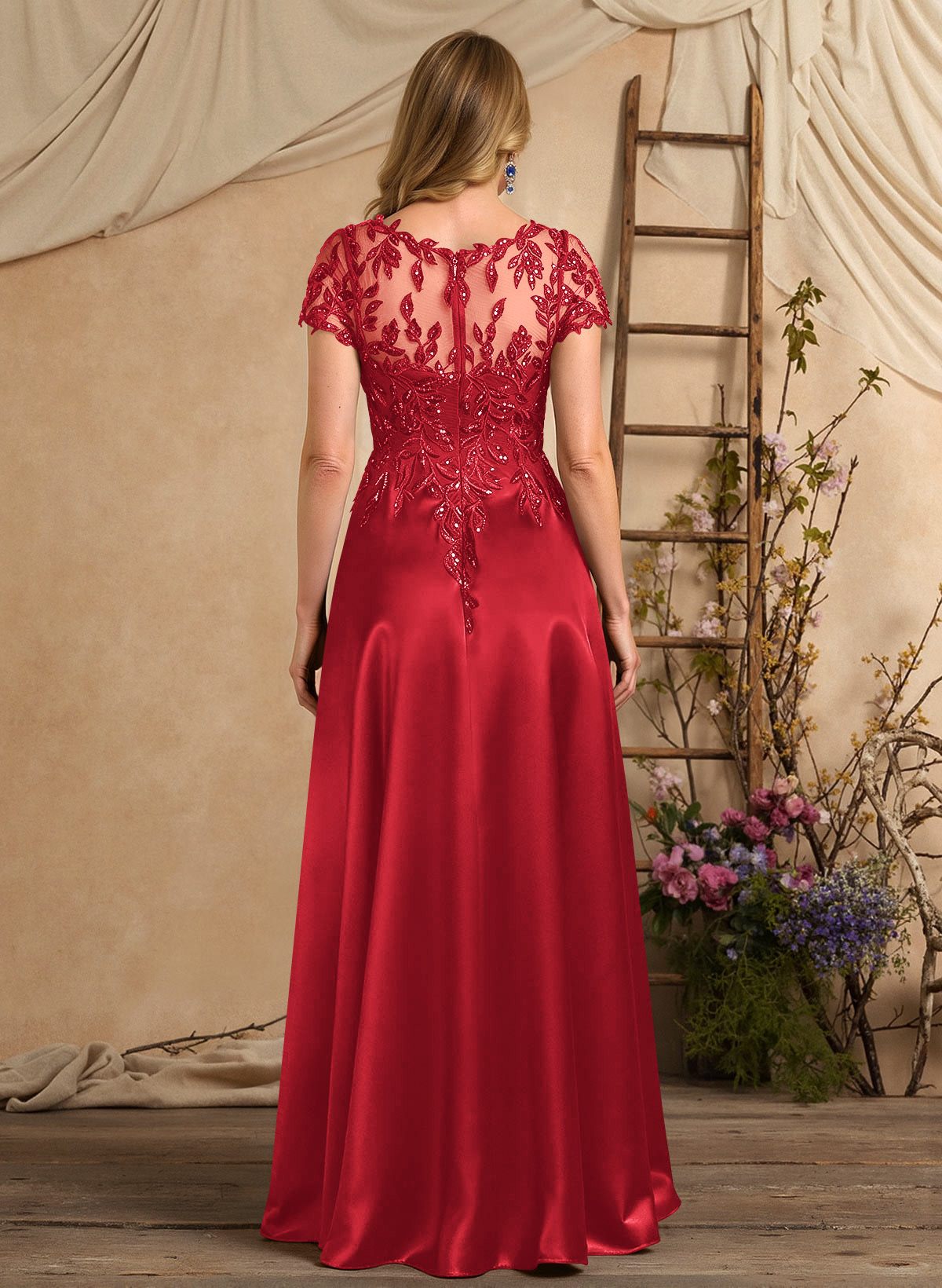 A-Line Illusion Neck Short Sleeves Floor-Length Lace Satin Sequined Mother Of The Bride Dresses