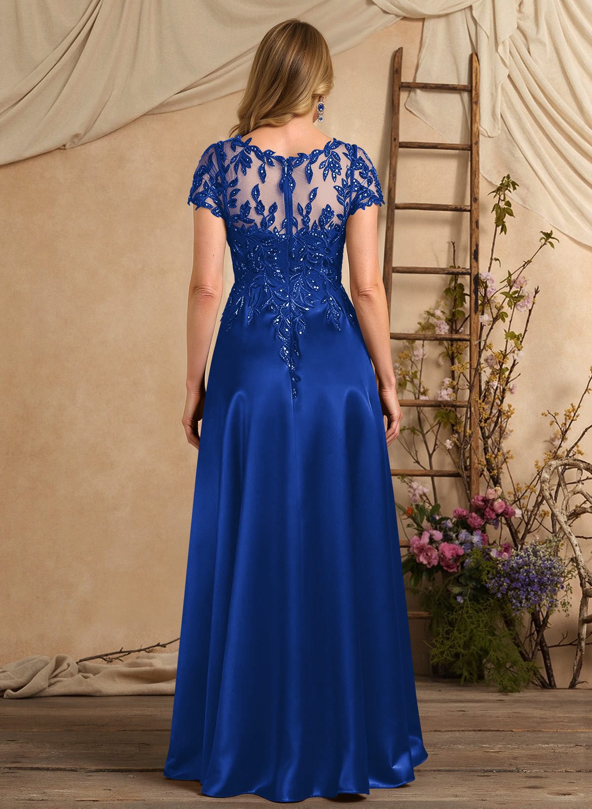 A-Line Illusion Neck Short Sleeves Floor-Length Lace Satin Sequined Mother Of The Bride Dresses