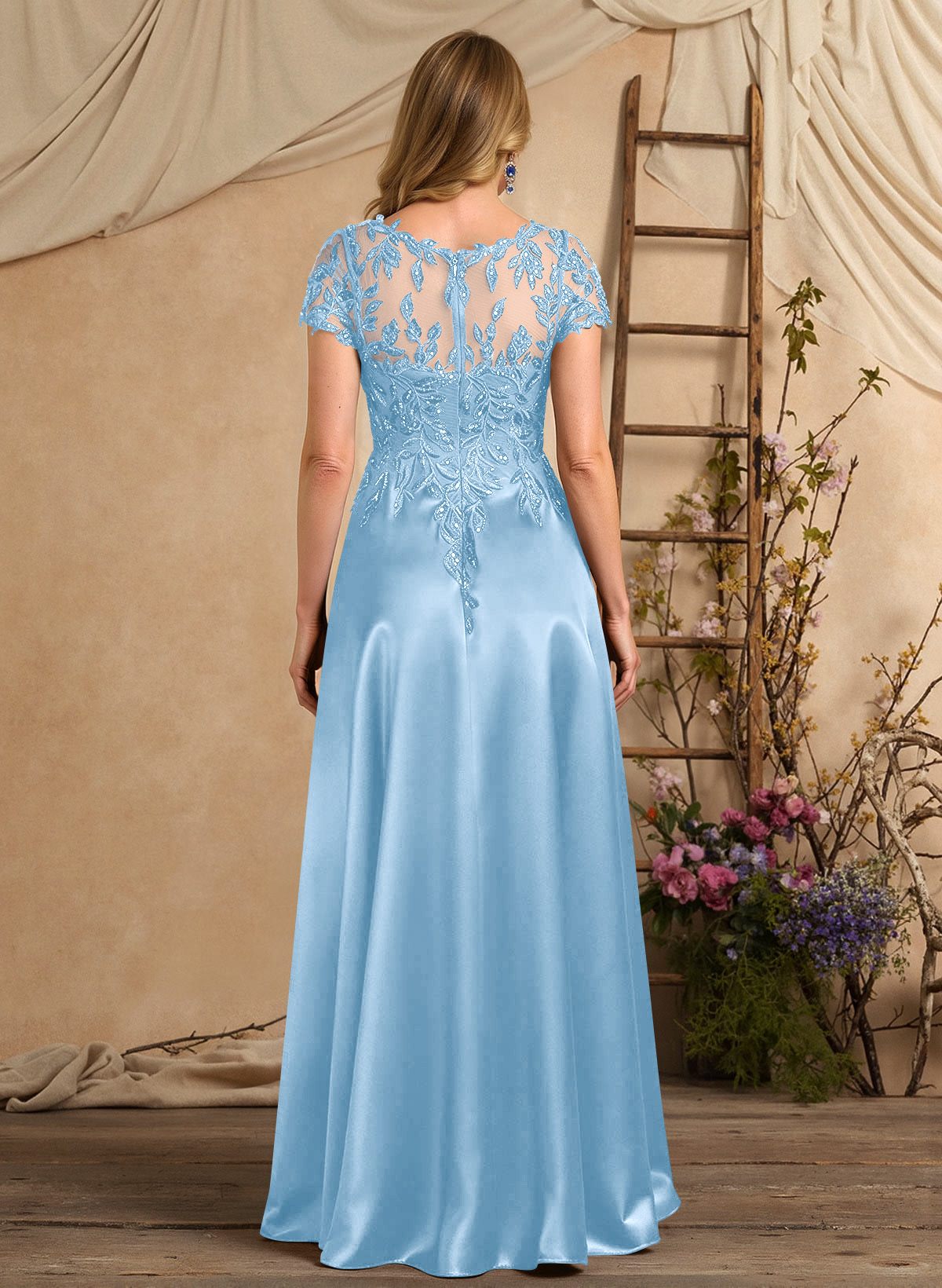 A-Line Illusion Neck Short Sleeves Floor-Length Lace Satin Sequined Mother Of The Bride Dresses