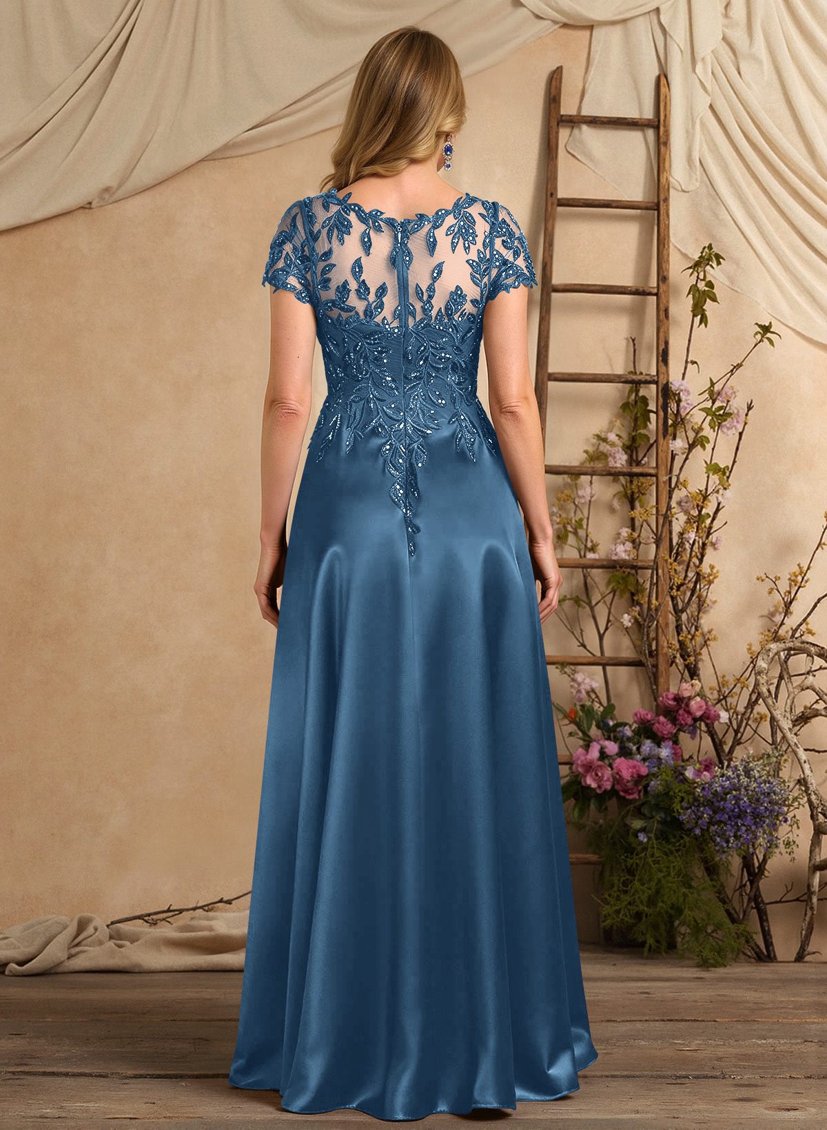 A-Line Illusion Neck Short Sleeves Floor-Length Lace Satin Sequined Mother Of The Bride Dresses