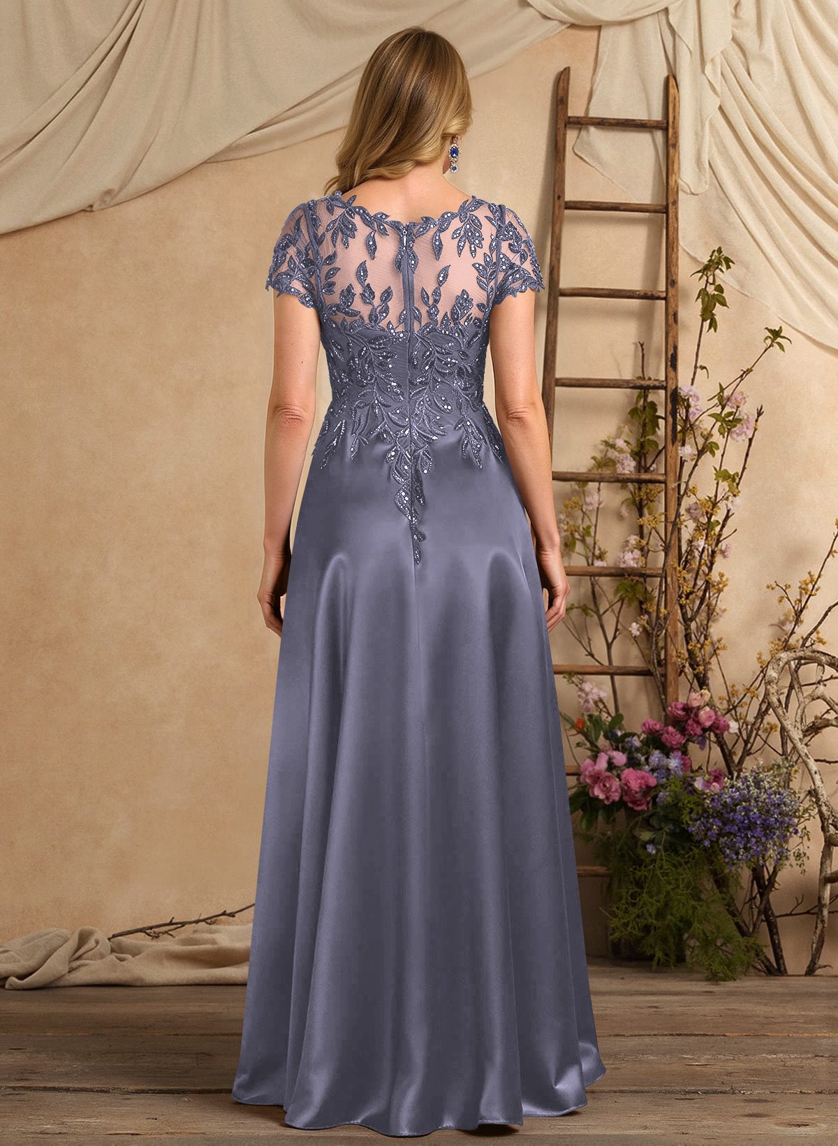 A-Line Illusion Neck Short Sleeves Floor-Length Lace Satin Sequined Mother Of The Bride Dresses