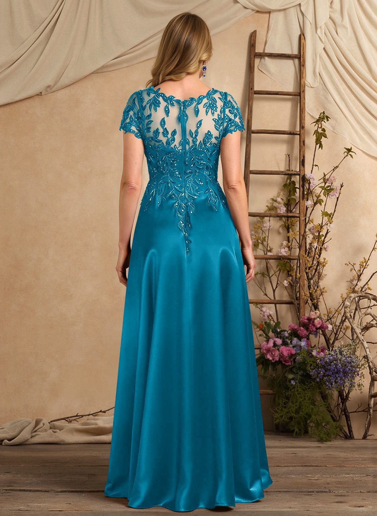 A-Line Illusion Neck Short Sleeves Floor-Length Lace Satin Sequined Mother Of The Bride Dresses