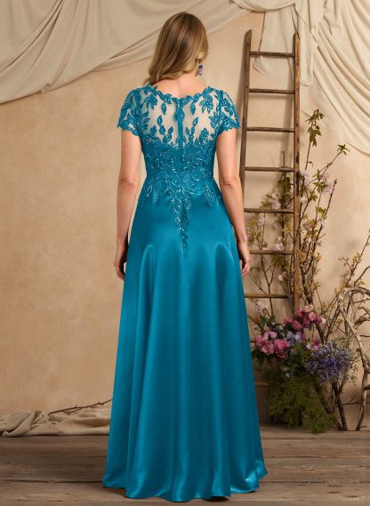 A-Line Illusion Neck Short Sleeves Floor-Length Lace Satin Sequined Mother Of The Bride Dresses