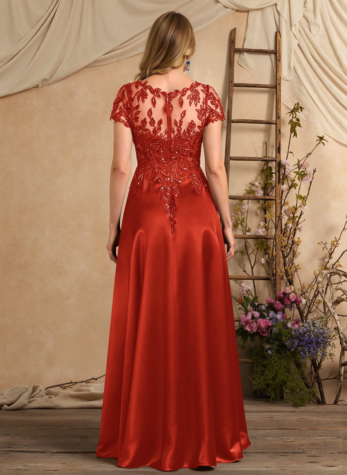 A-Line Illusion Neck Short Sleeves Floor-Length Lace Satin Sequined Mother Of The Bride Dresses