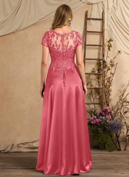 A-Line Illusion Neck Short Sleeves Floor-Length Lace Satin Sequined Mother Of The Bride Dresses