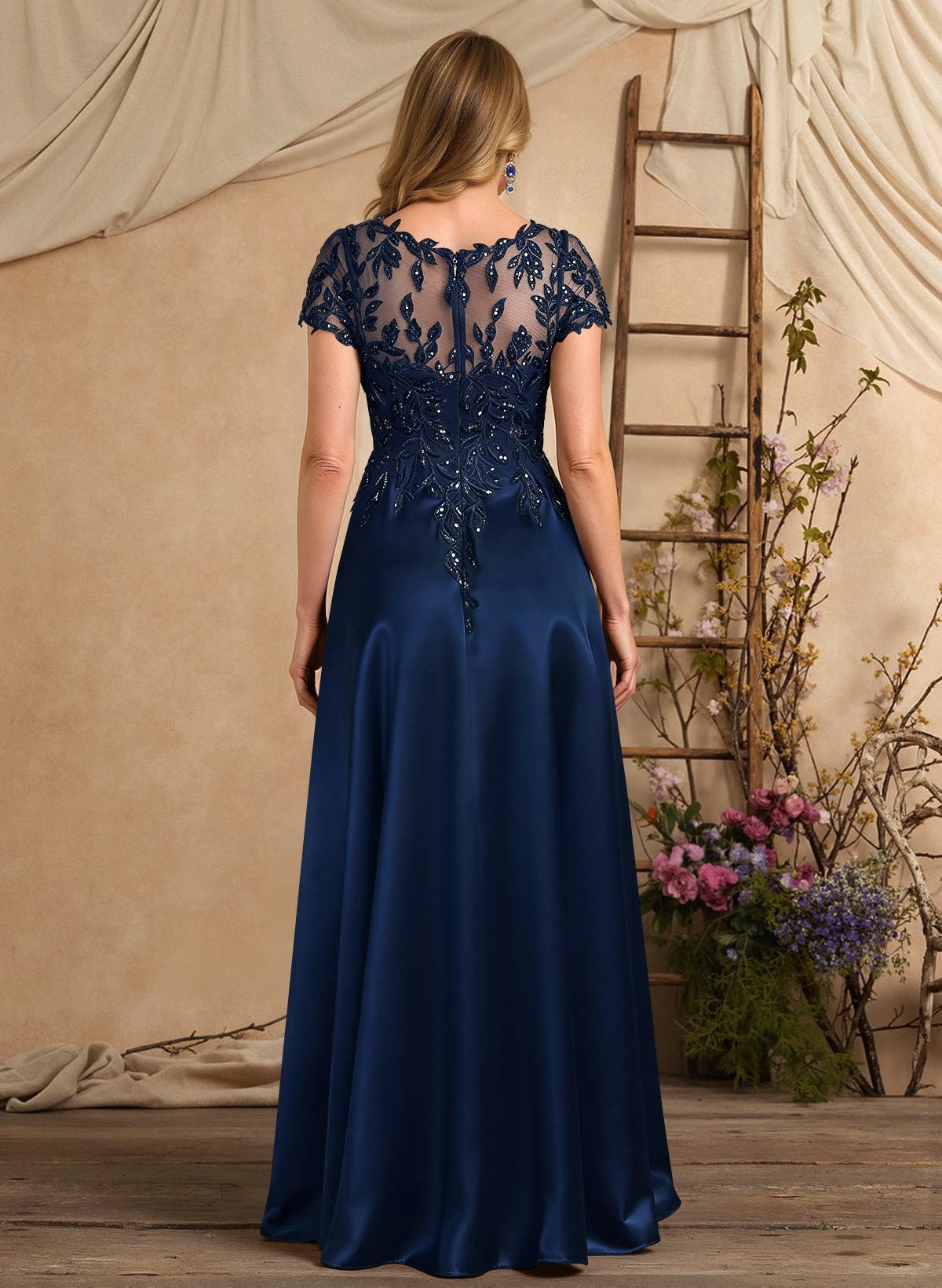 A-Line Illusion Neck Short Sleeves Floor-Length Lace Satin Sequined Mother Of The Bride Dresses