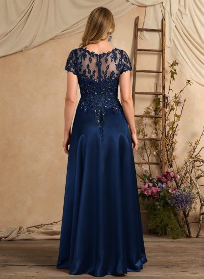 A-Line Illusion Neck Short Sleeves Floor-Length Lace Satin Sequined Mother Of The Bride Dresses