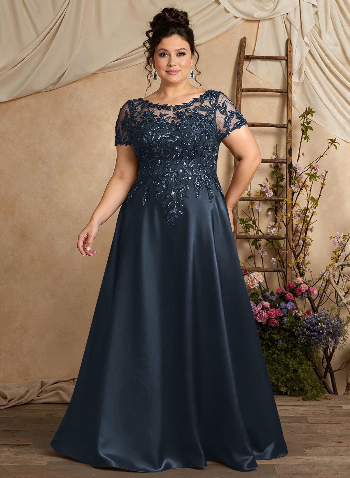 A-Line Illusion Neck Short Sleeves Floor-Length Lace Satin Sequined Mother Of The Bride Dresses