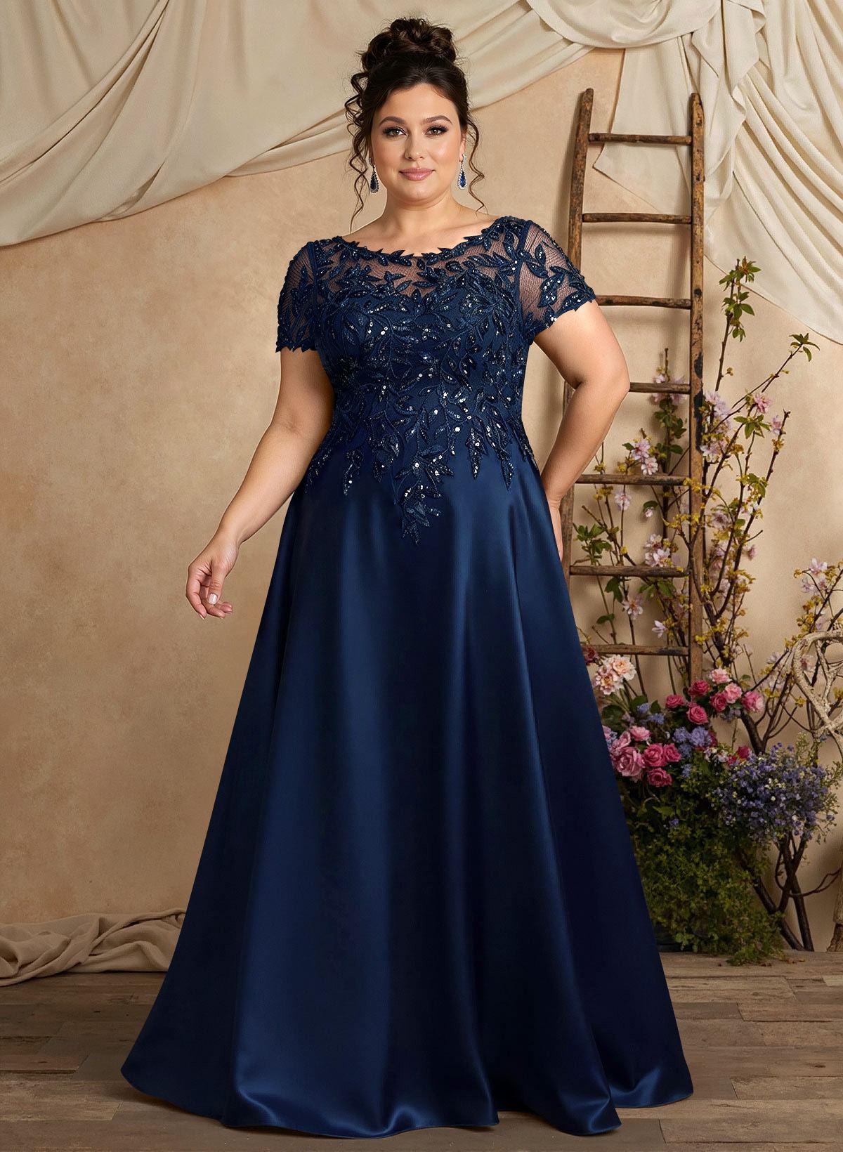 A-Line Illusion Neck Short Sleeves Floor-Length Lace Satin Sequined Mother Of The Bride Dresses