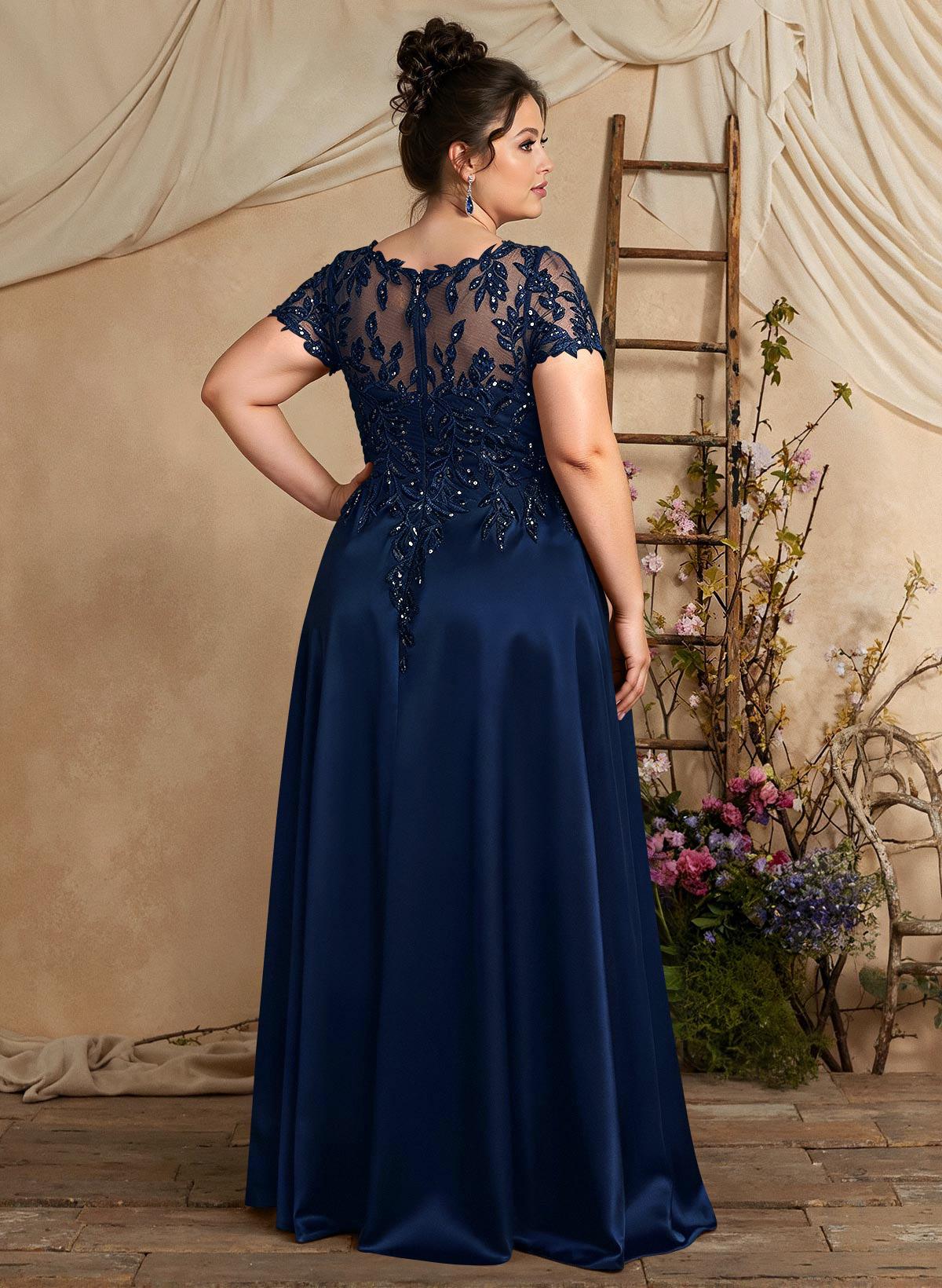 A-Line Illusion Neck Short Sleeves Floor-Length Lace Satin Sequined Mother Of The Bride Dresses