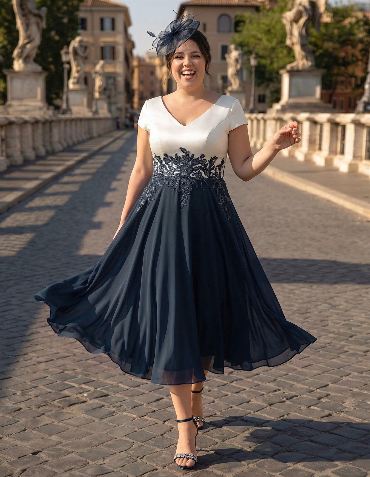 A-Line V-Neck Tea-Length Mother Of The Bride Dresses With Chiffon in Dark Navy, US2