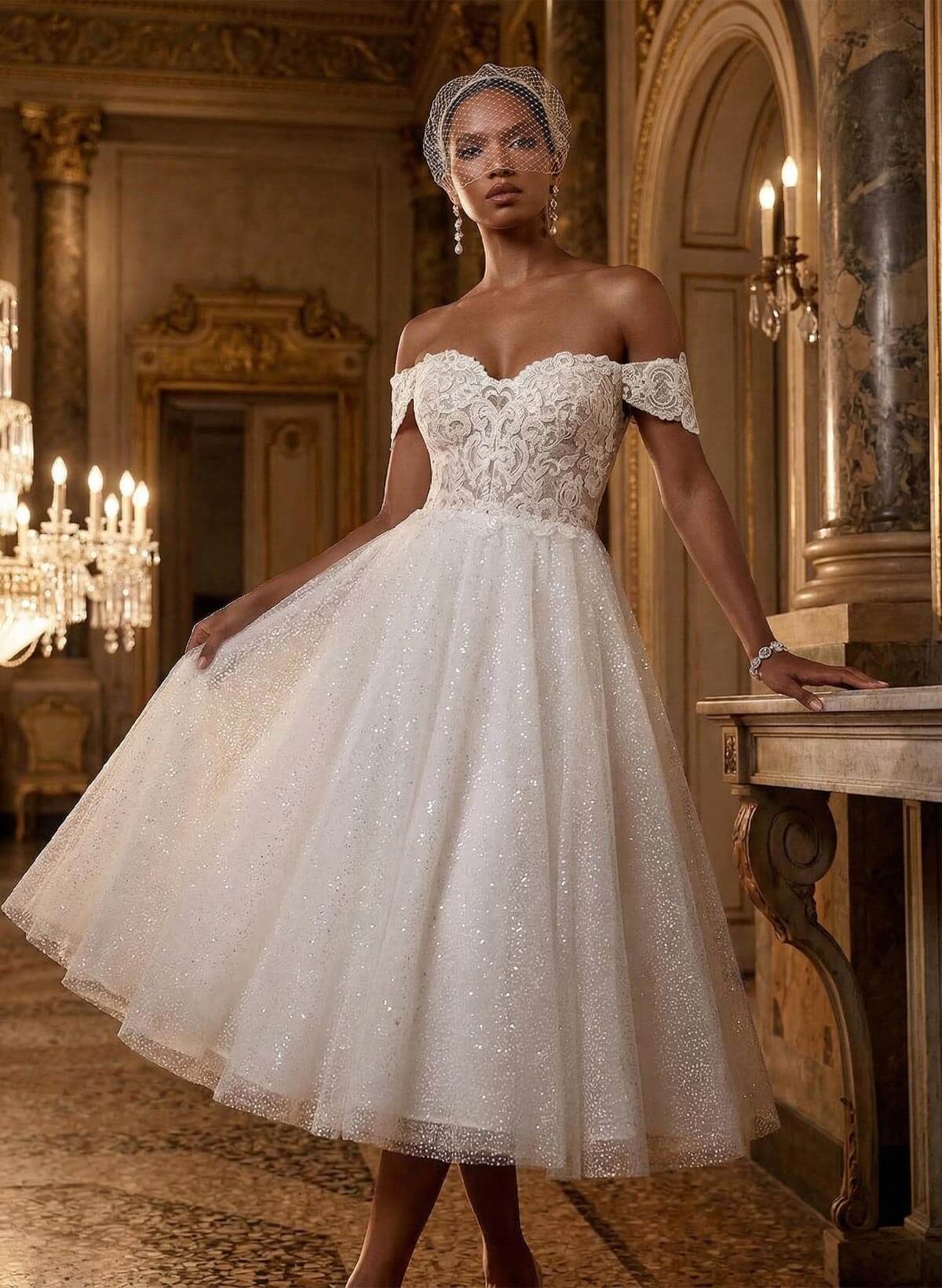 A-Line Off-The-Shoulder Sleeveless Lace Sequined Tea-Length Wedding Dresses, product image 1