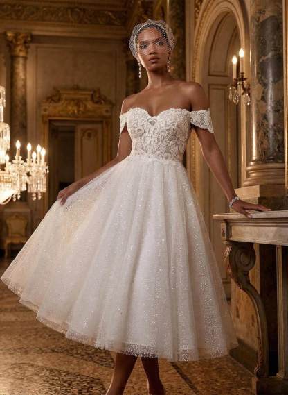 A-Line Off-The-Shoulder Sleeveless Lace Sequined Tea-Length Wedding Dresses