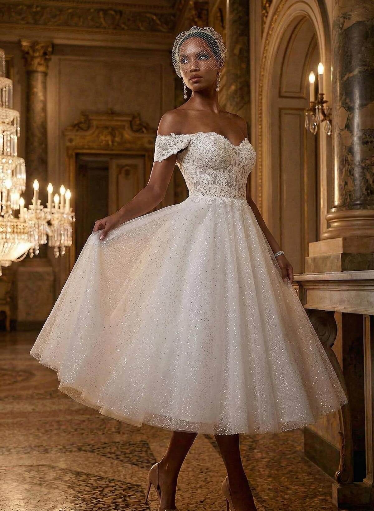 A-Line Off-The-Shoulder Sleeveless Lace Sequined Tea-Length Wedding Dresses, product image 2