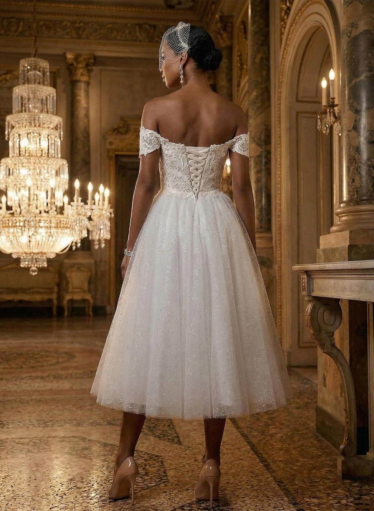 A-Line Off-The-Shoulder Sleeveless Lace Sequined Tea-Length Wedding Dresses, product image 3