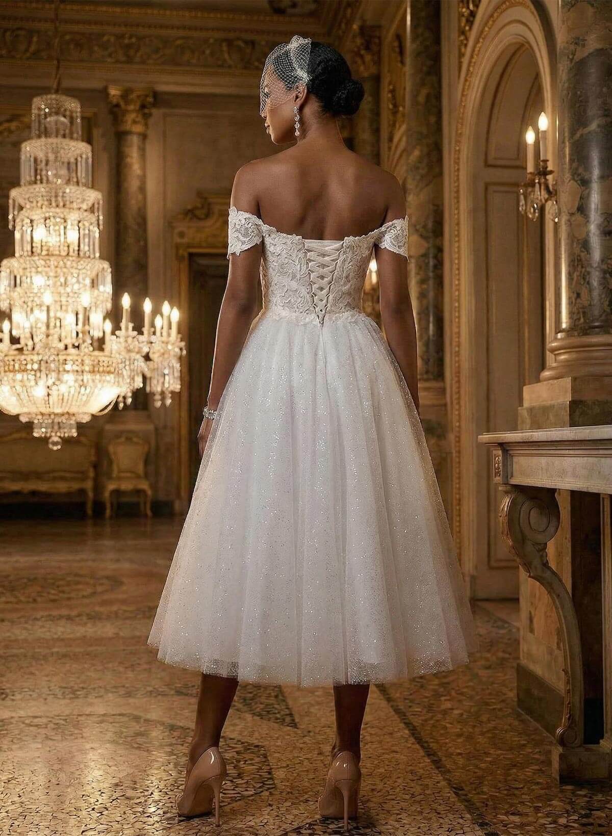 A-Line Off-The-Shoulder Sleeveless Lace Sequined Tea-Length Wedding Dresses, product image 3
