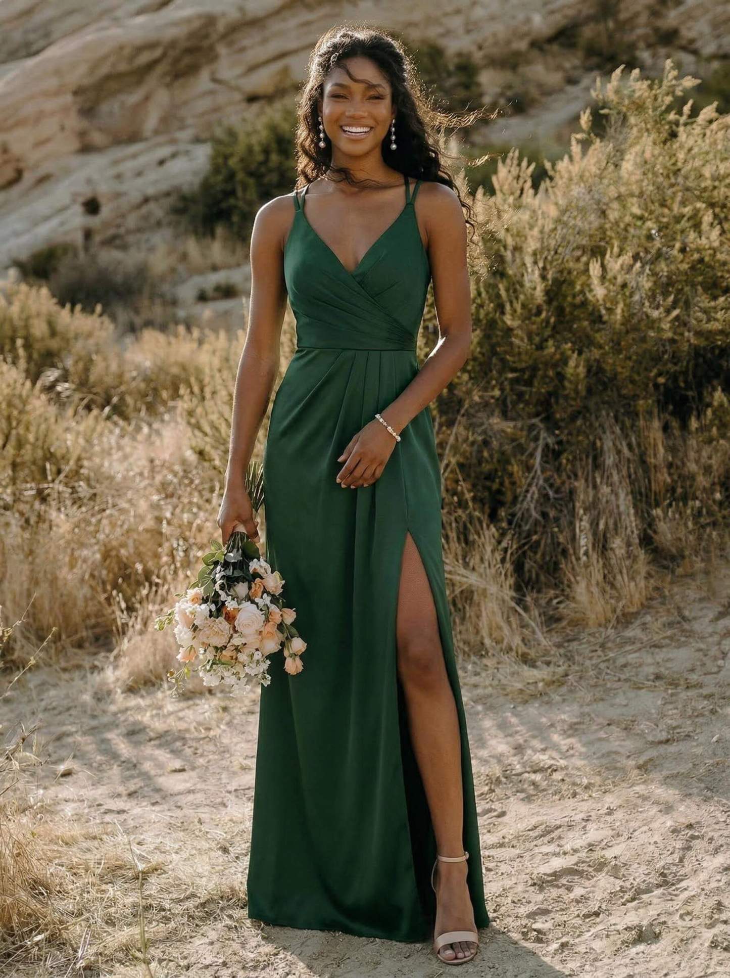Sheath/Column V-Neck Silk Like Satin Bridesmaid Dresses With High Split in Hunter Green, US2