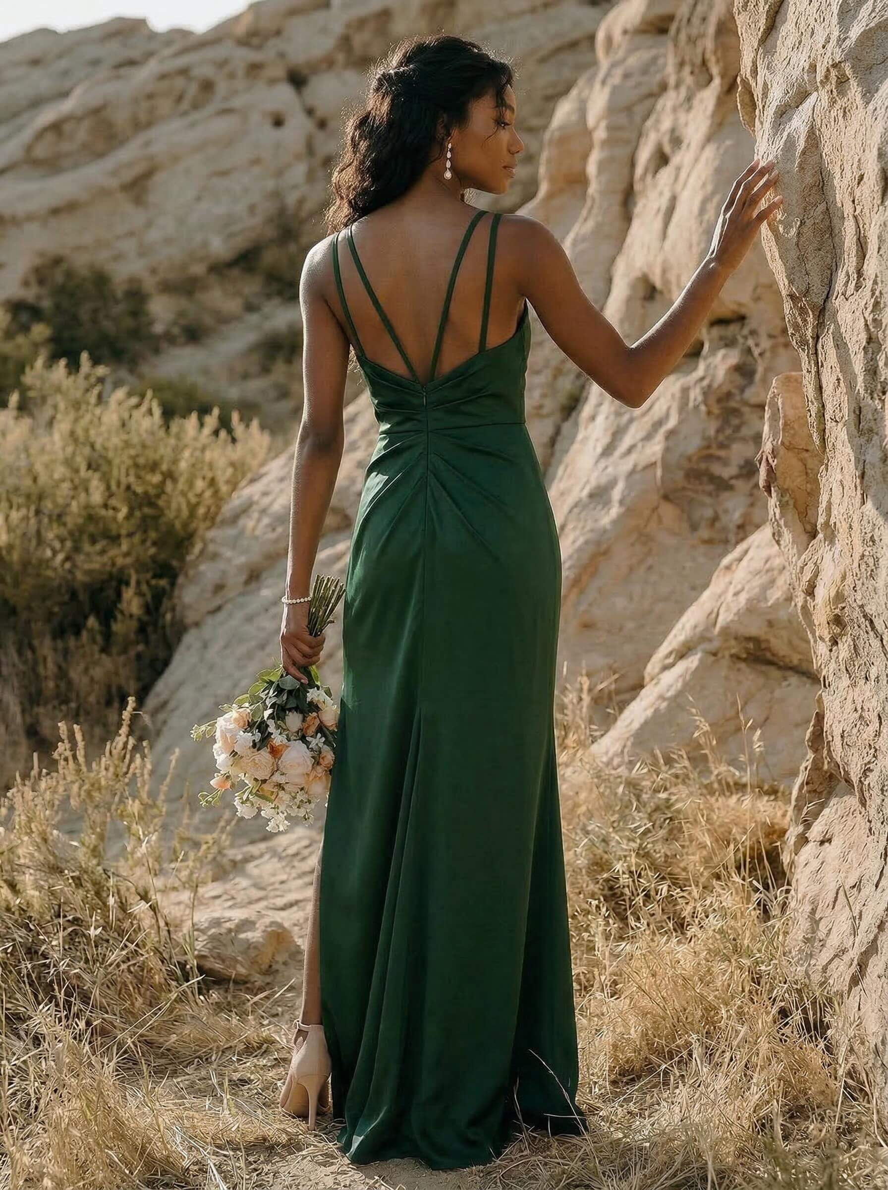 Sheath/Column V-Neck Silk Like Satin Bridesmaid Dresses With High Split, product image 2