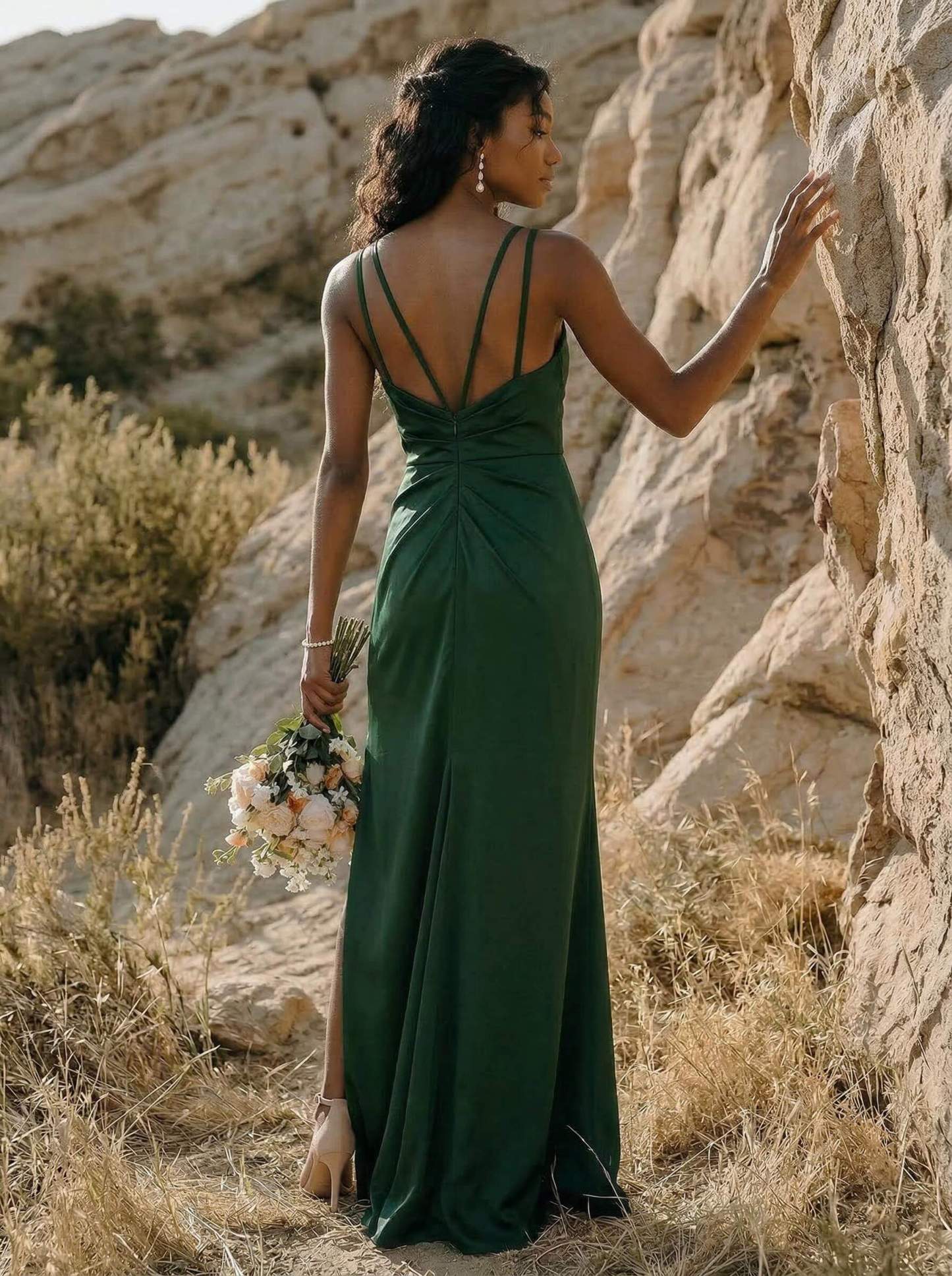 Sheath/Column V-Neck Silk Like Satin Bridesmaid Dresses With High Split, product image 2
