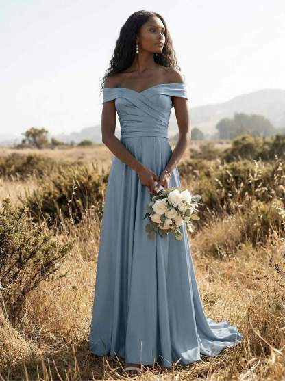A-Line Off-The-Shoulder Sleeveless Sweep Train Crepe Satin Bridesmaid Dresses