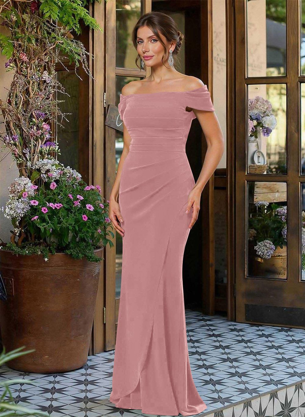 Elegant Off-The-Shoulder Mermaid Floor-Length Elastic Satin Mother Of The Bride Dresses, product image 36