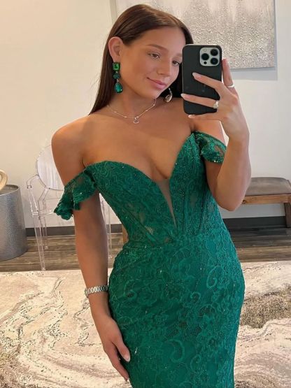 Dress Mermaid Dark Green Sequin Off The Shoulder Sweep Train Prom Dress