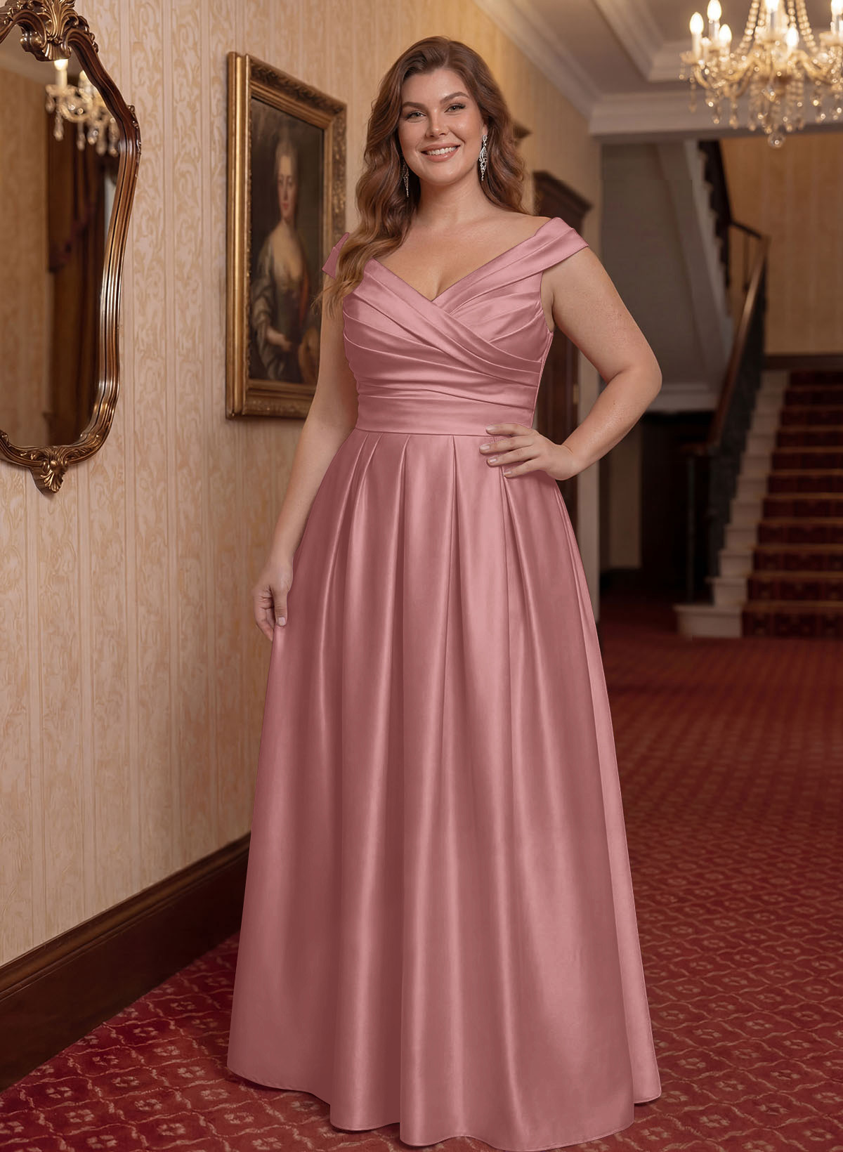 Elegant A-Line V-Neck Ruched Waist Floor-Length Satin Mother Of The Bride Dresses