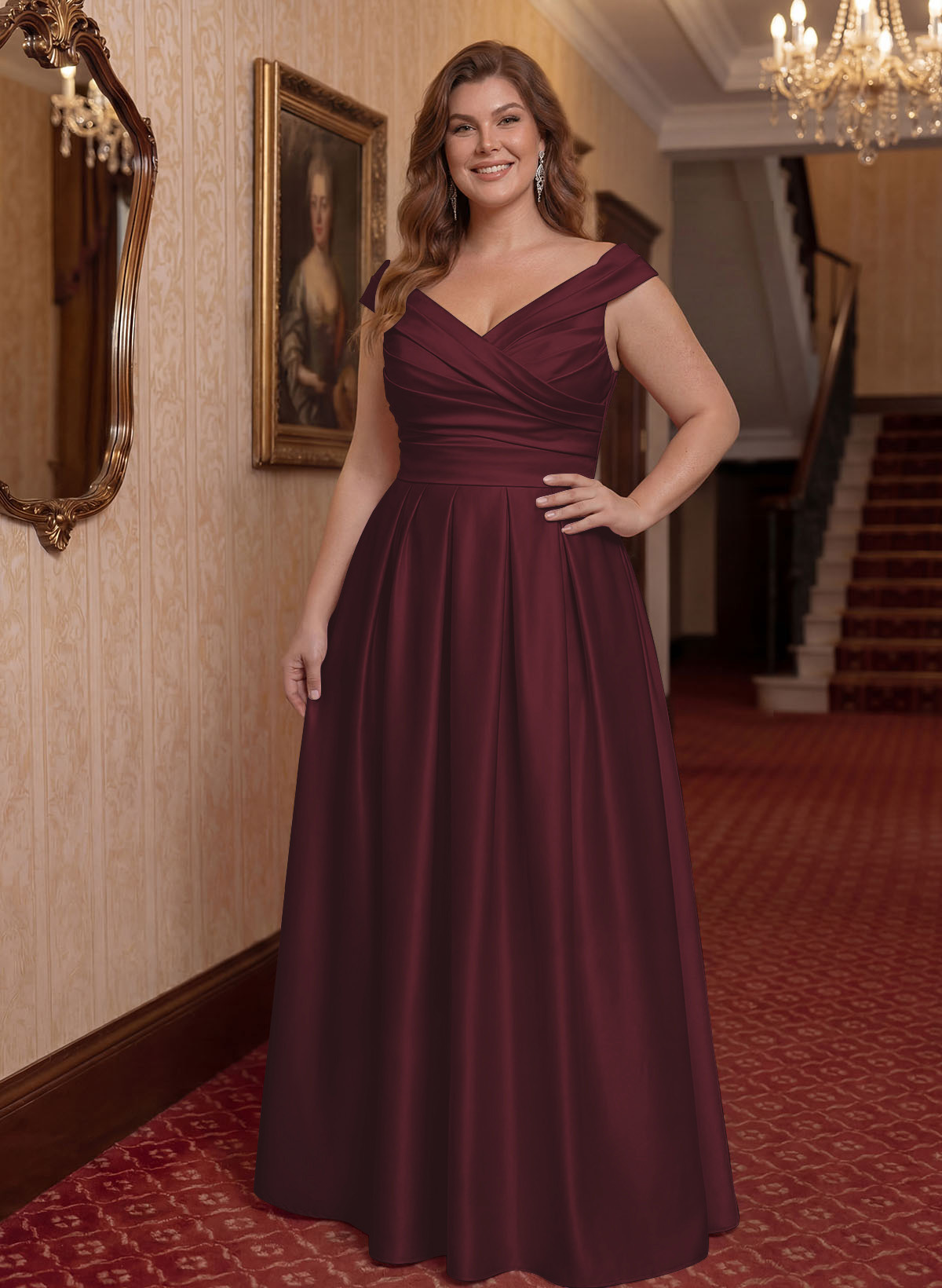 Elegant A-Line V-Neck Ruched Waist Floor-Length Satin Mother Of The Bride Dresses