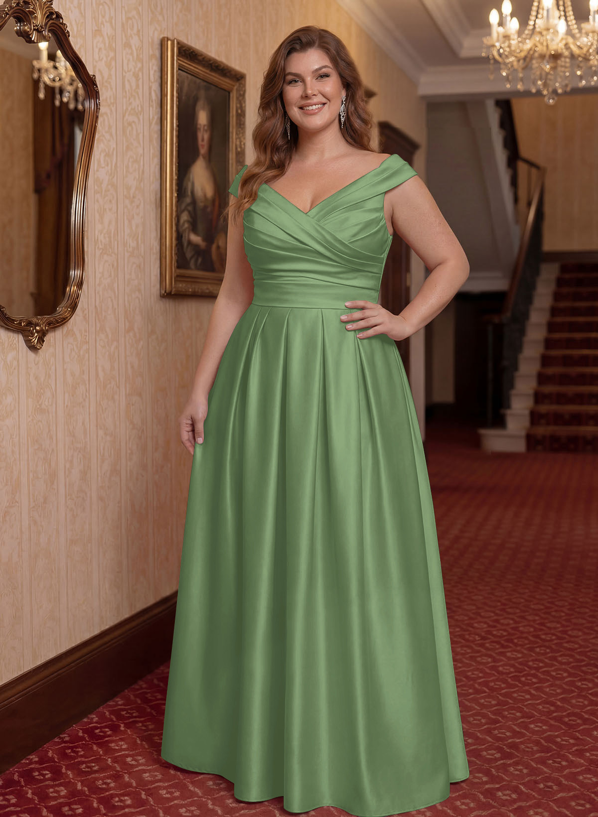 Elegant A-Line V-Neck Ruched Waist Floor-Length Satin Mother Of The Bride Dresses